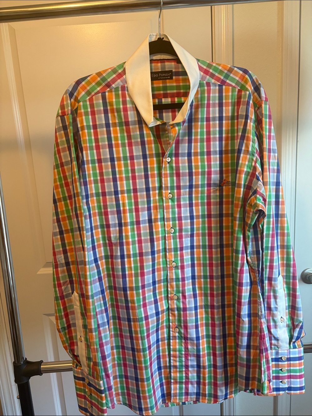 Multi-Color Check Men’s Dress Shirt with White Contrast Collar